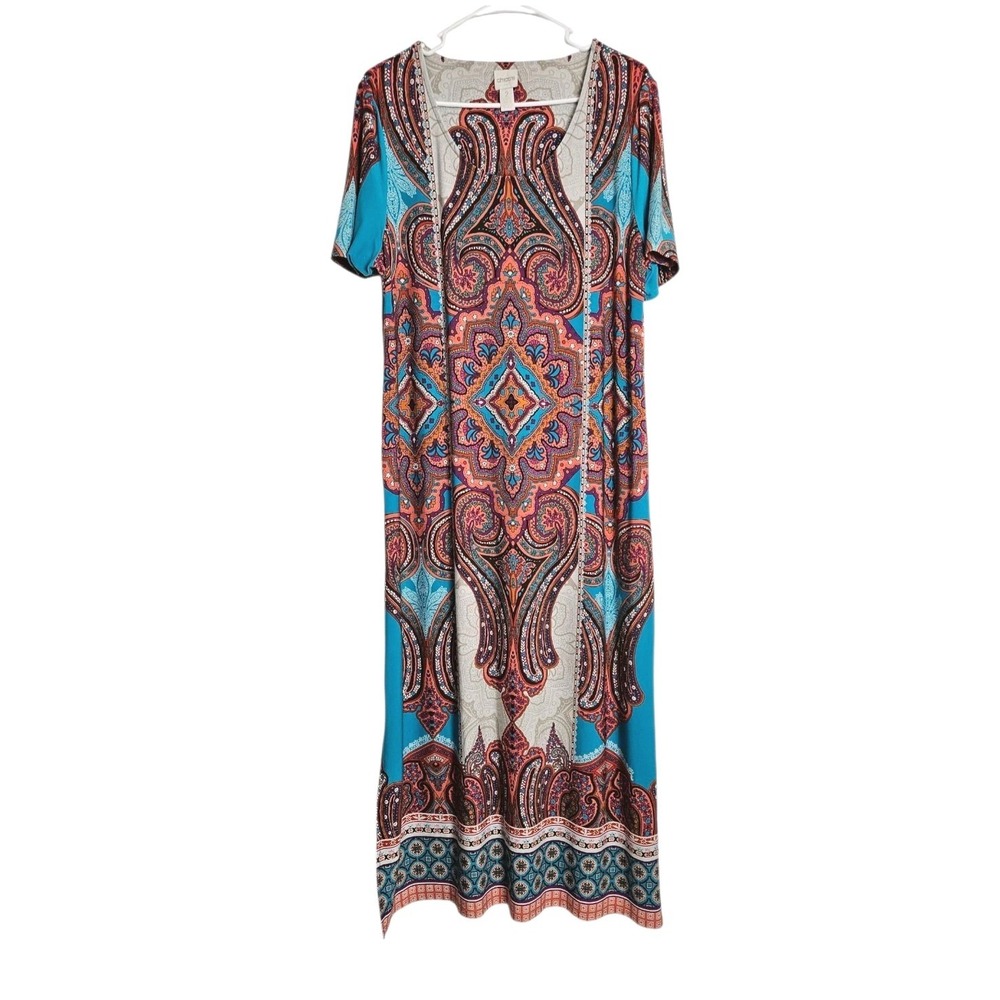CHICO'S Size L Medallion‎ Maxi Dress Scoop Neck Geometric Paisley Muticolor Boho